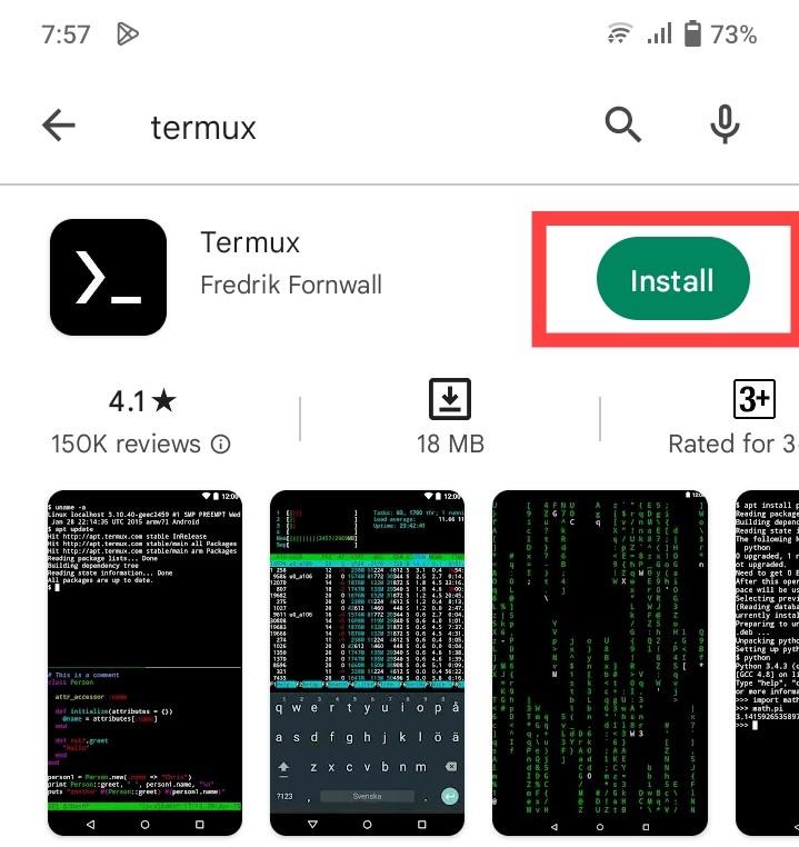 Tap on the Termux app and then tap on the Install button