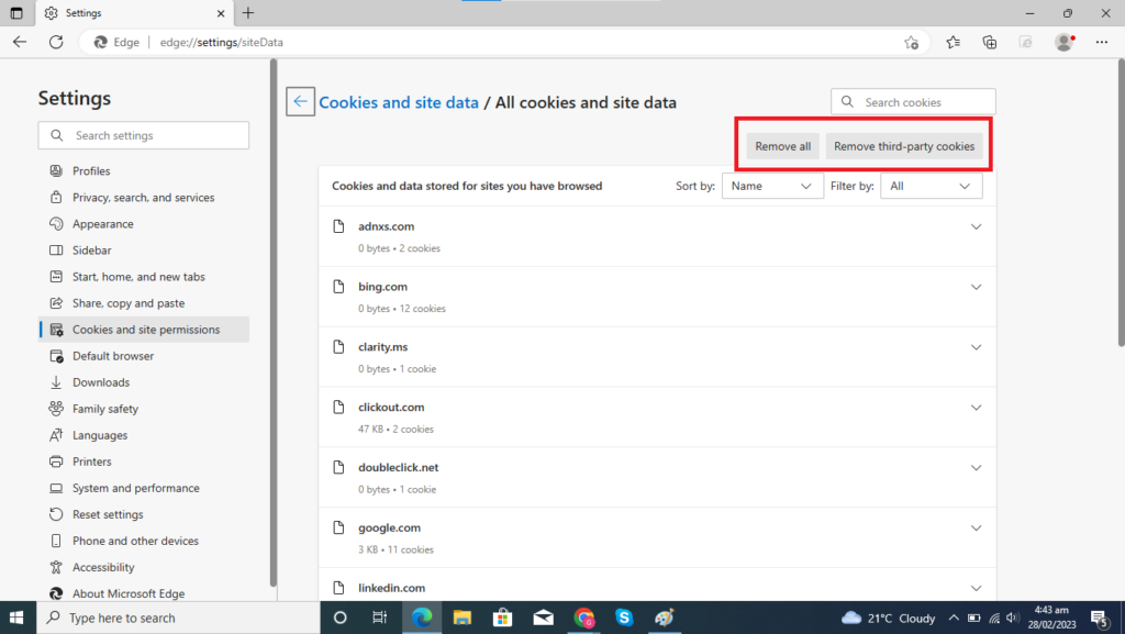 Click on the Remove all or Remove third party cookies.