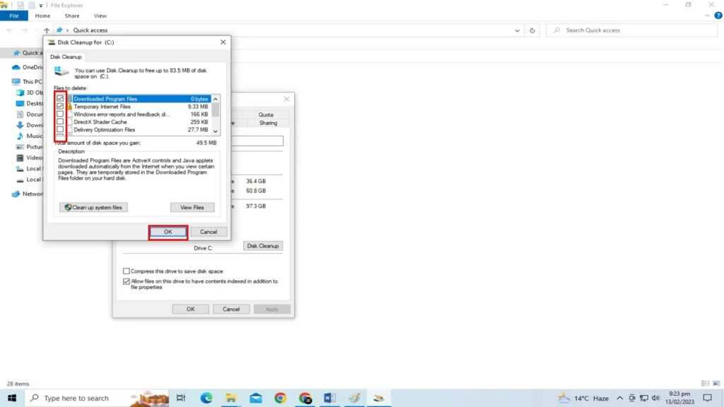 In the Disk Cleanup for (C:) window, select the files that you want to delete and click OK