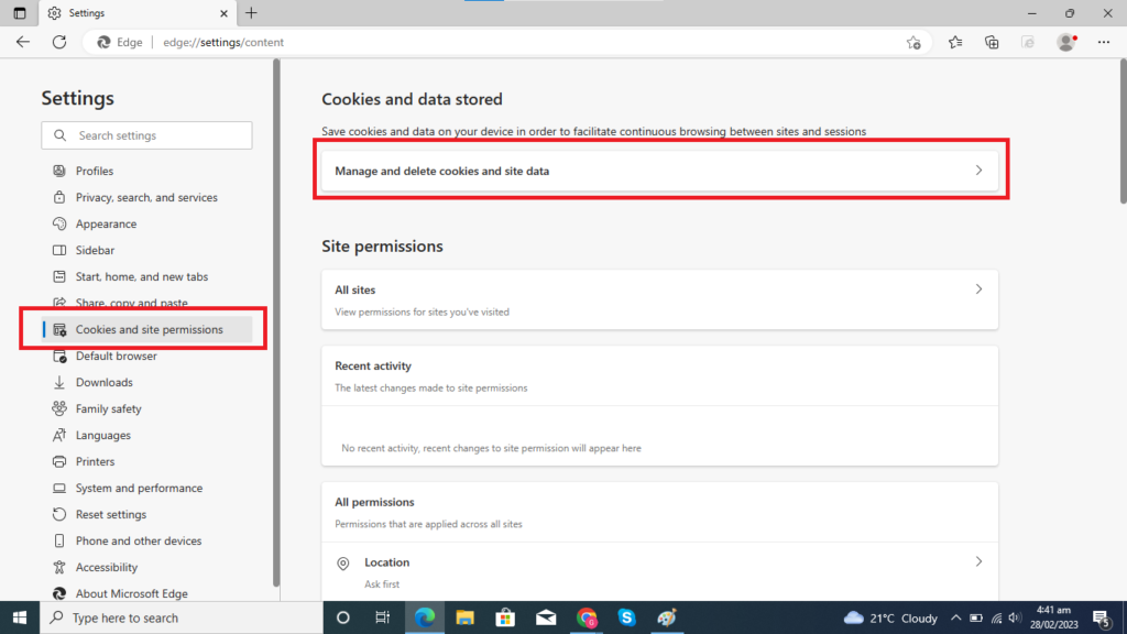 Scroll down to the Cookies and site permissions section and click on Manage and delete cookies and site data.