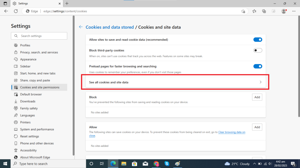 Select the See all cookies and site data.