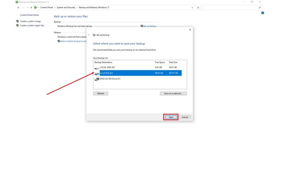 Select the location where you want to store the backup, such as an external hard drive or network location