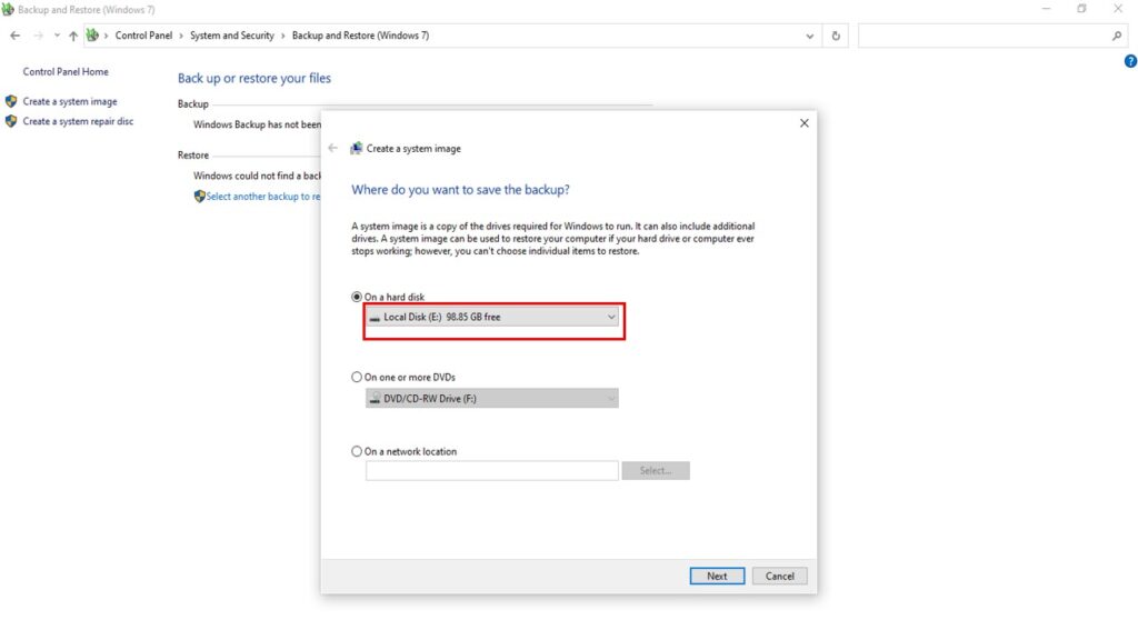 Select the location where you want to store the backup, such as an external hard drive or network location